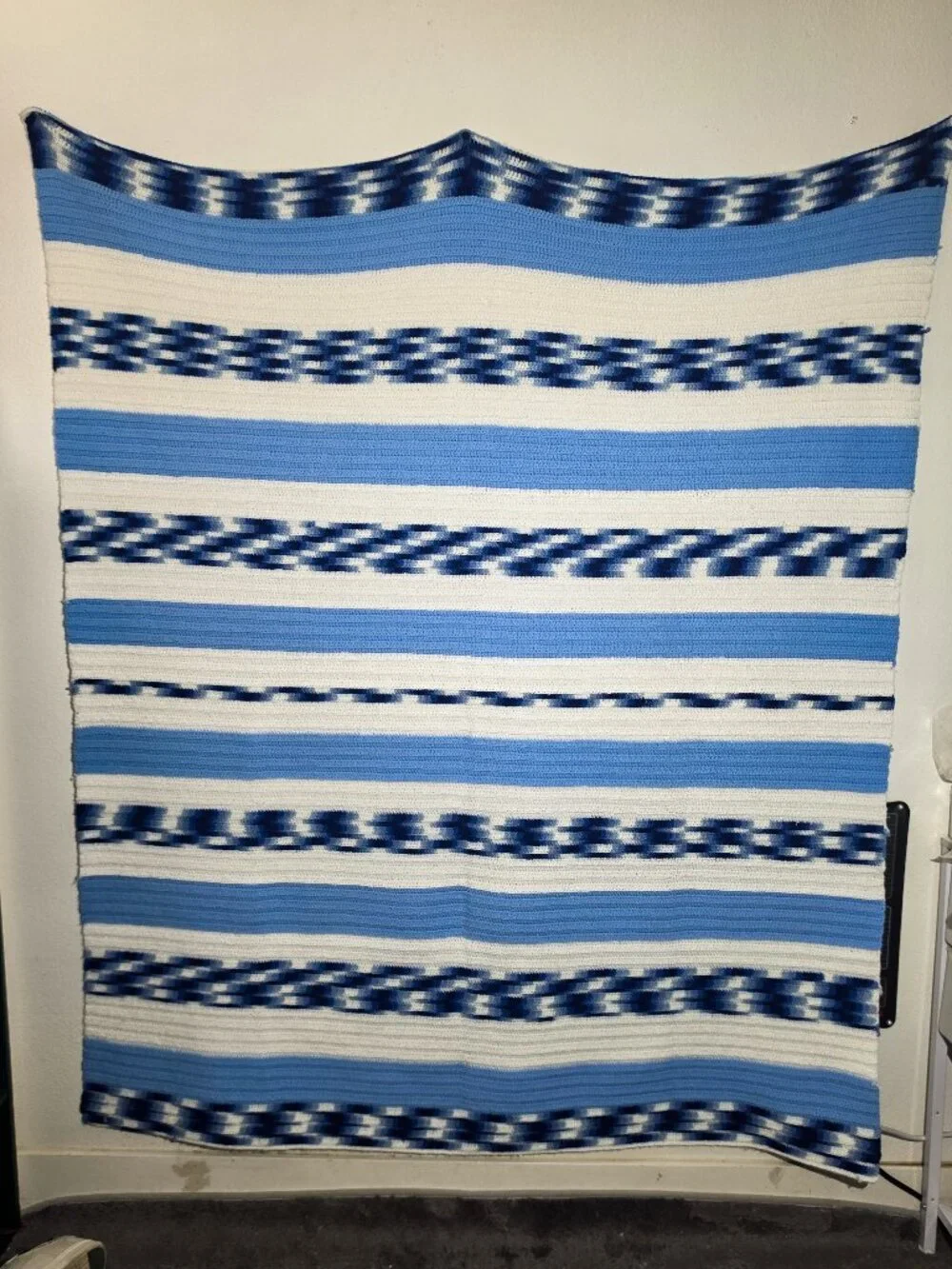 Over Sized Throw Hand Knit Vintage Blanket NEW Heavy Warm Blue Crochet